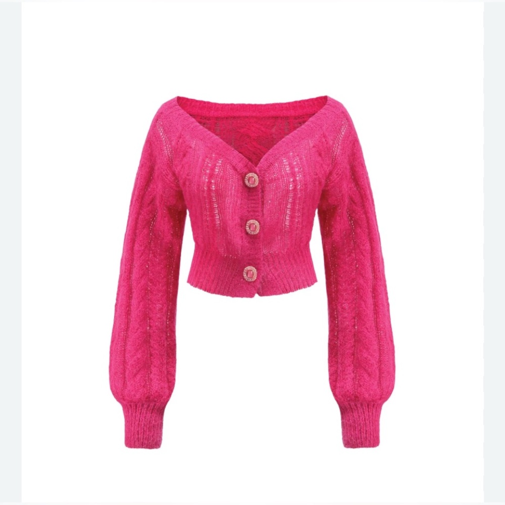 Nana Jacqueline Eva cardigan off shoulders berry color size M mohair pin up - Picture 4 of 10